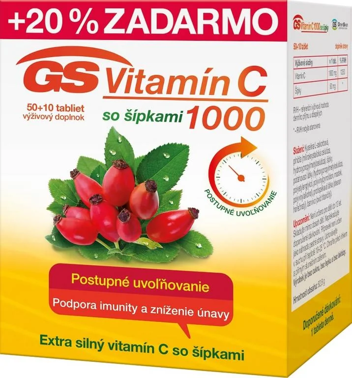 GS Vitamín C 1000 so šípkami 1×60 tbl, Vitamín C + šípky