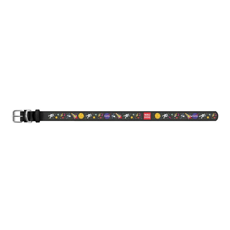 Kožený obojok so vzorom NASA čierny, Obvod krku: 27-36 cm, širka: 15 mm