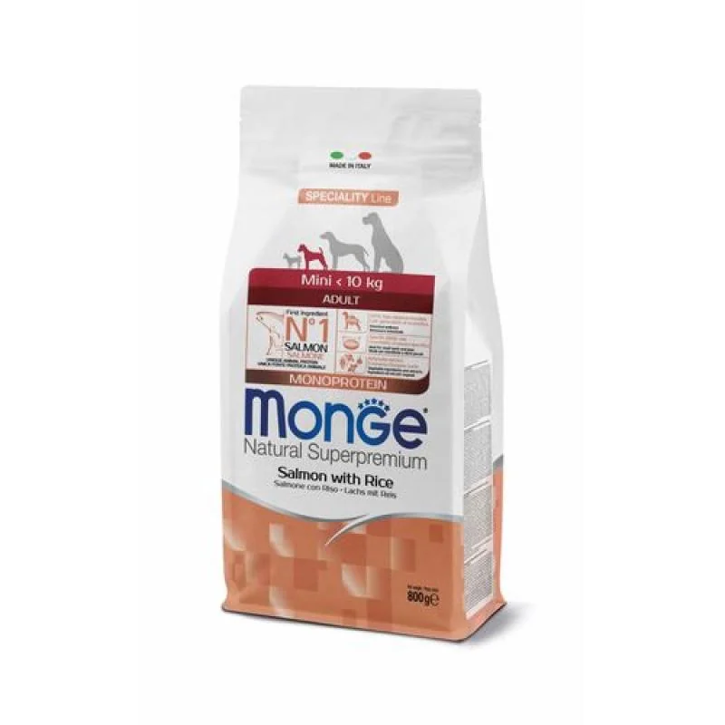 MONGE Natural Superpremium Mini Adult 800g monoproteínové krmivo losos/ryža pre dospelých psov malých plemien