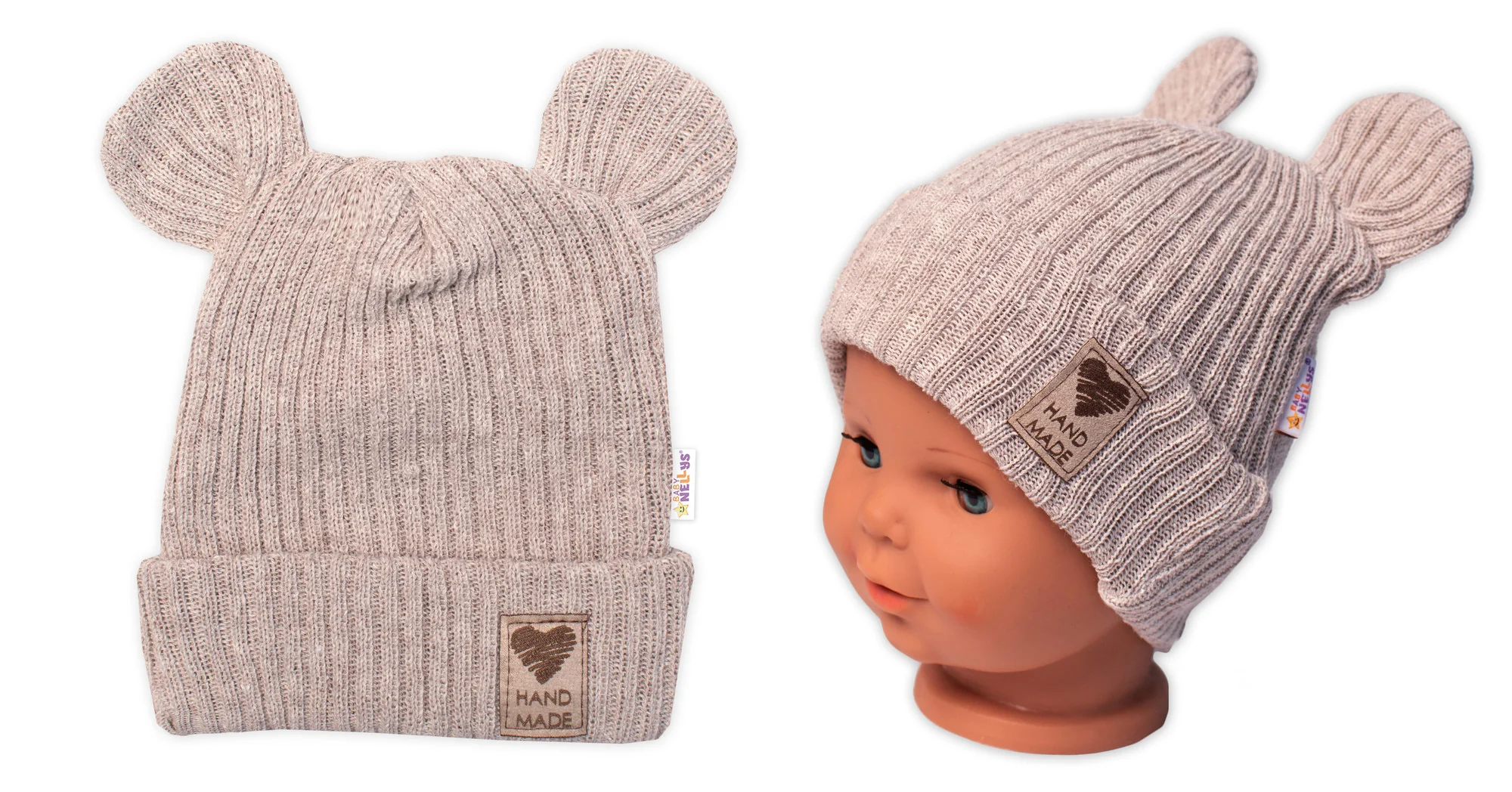 Pletená bavlněná čiapka s uškami, dvojvrstvová, Hand Made Baby Nellys, béžová
