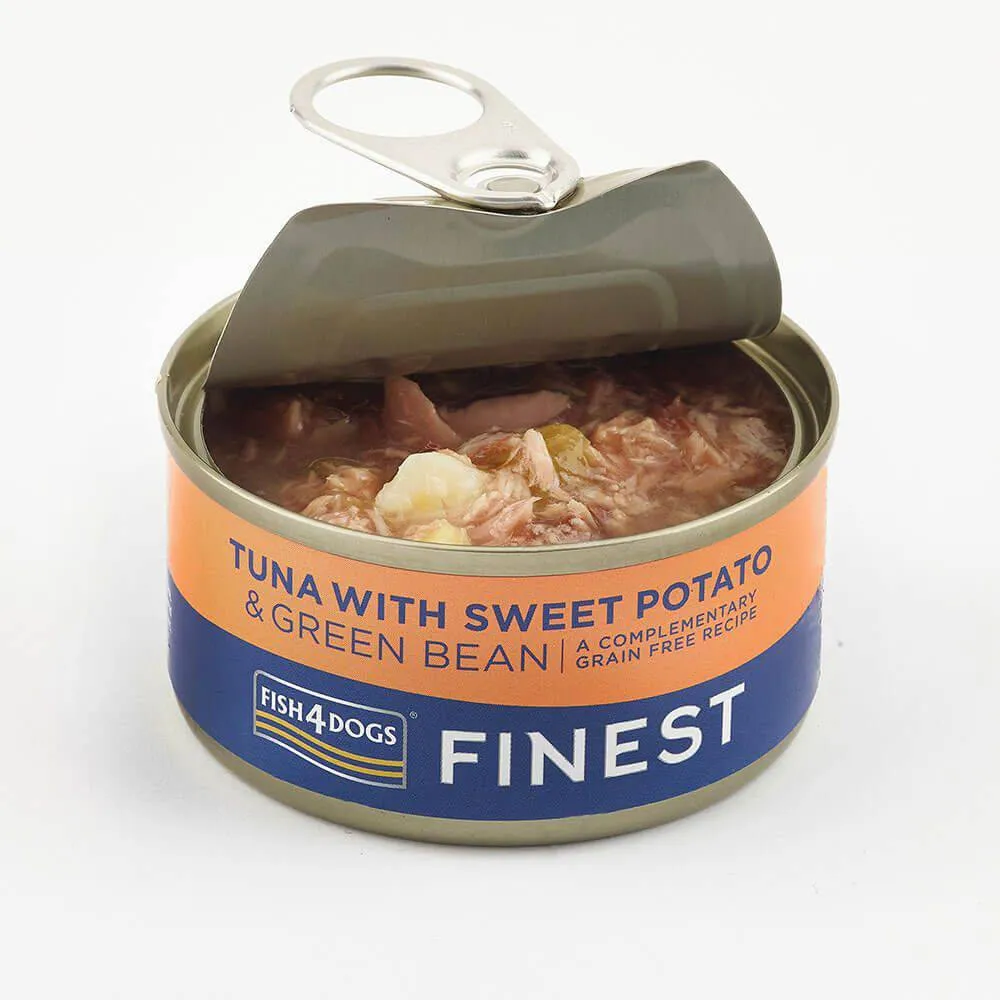FISH4DOGS Konzerva pre psy Finest s tuniakom, sladkými zemiakmi a zelenými fazuľkami 85g 1×85 g, konzerva pre psy