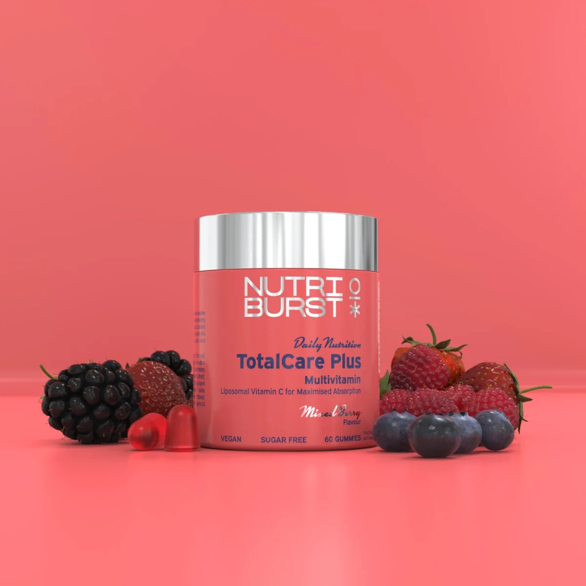 Nutriburst TotalCare Plus multivitamínové gummies s vitamínmi C, D3, B6, B12, zinkom, príchuť lesné ovocie 60 ks