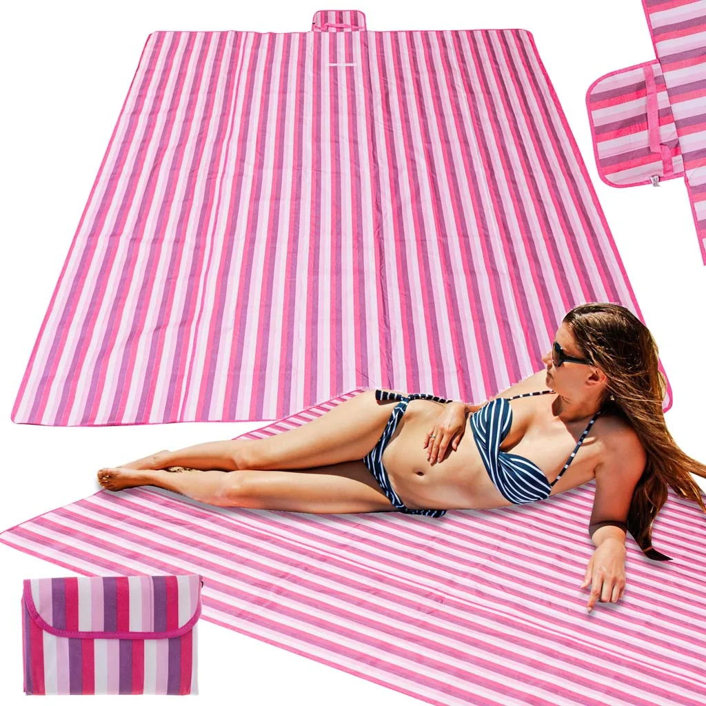 Pikniková a plážová deka 200×200 cm – ružová, skladacia s rukoväťou