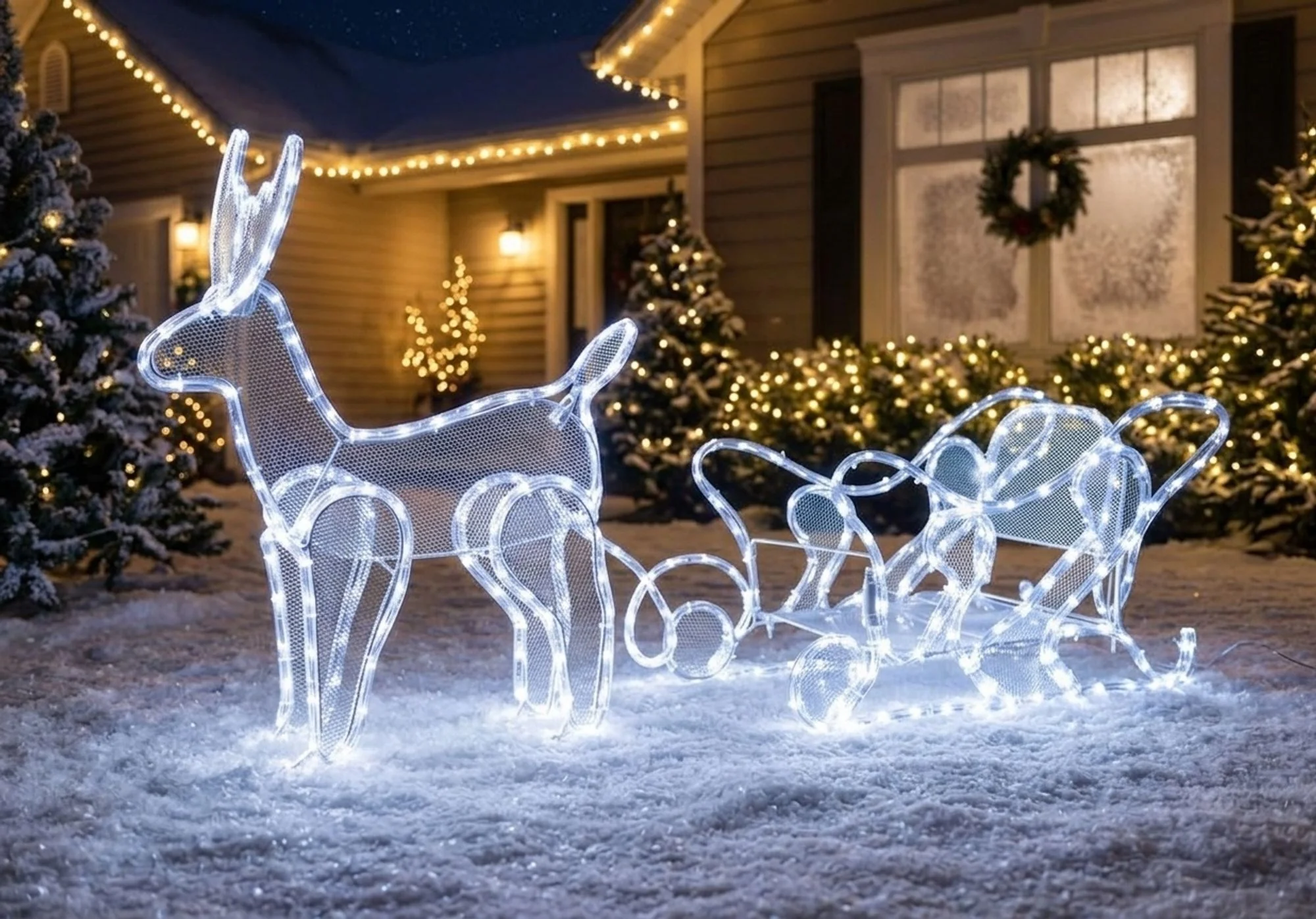 MagicHome vianočný LED sob so saňami, 1 ks 312 LED studená biela, 230 V/50 Hz, exteriér, 59x132x30 cm