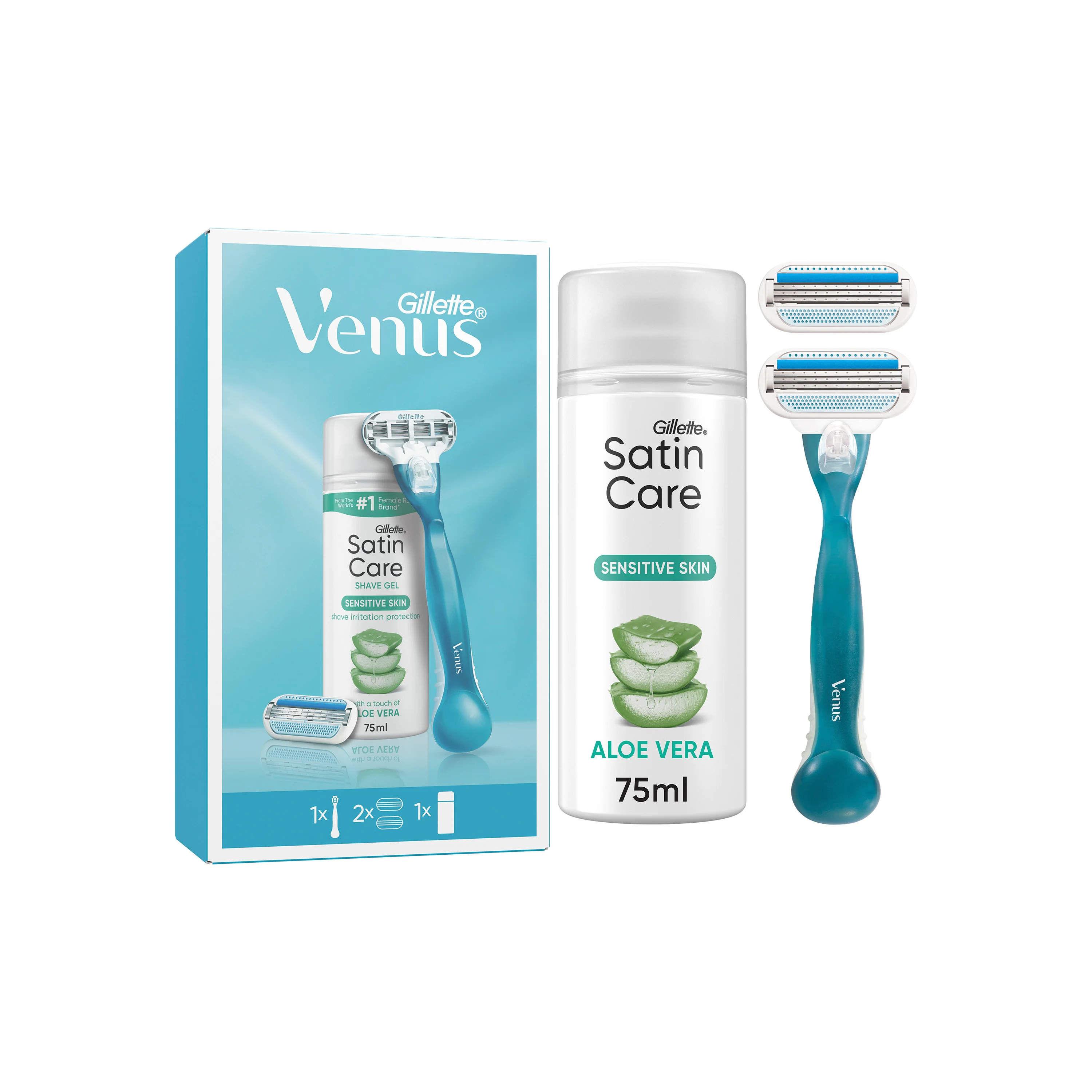 Gillette Venus darčeková sada Satin Care Sensitive Skin Aloe Vera: dámsky holiaci strojček, 2 náhradné hlavice, gél na holenie 1 set