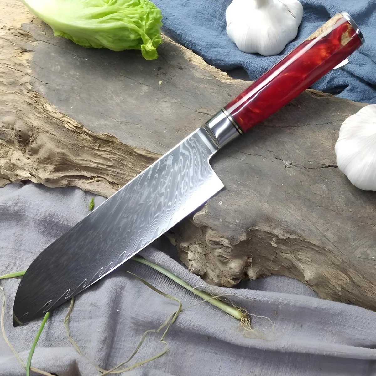 Kuchynský nôž Santoku s damaškovou oceľou 1 ks, červená