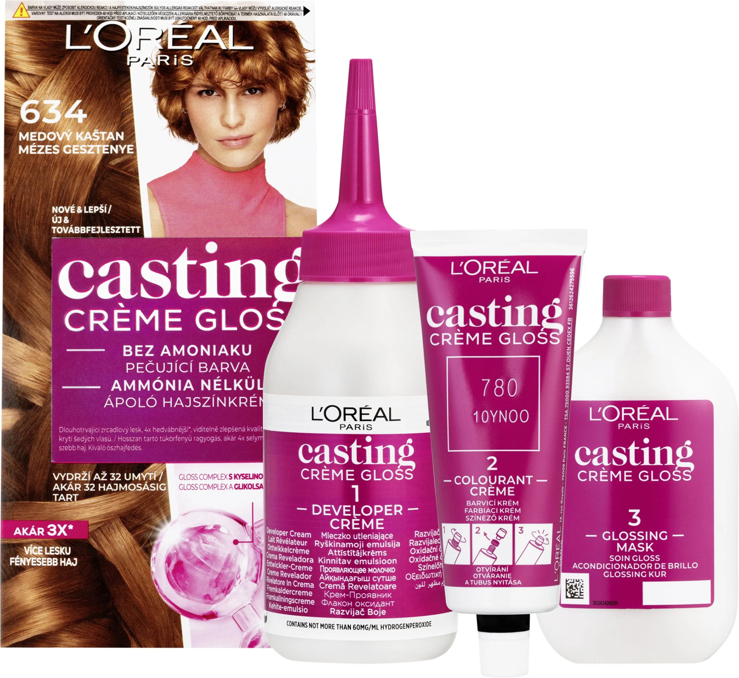 L'Oréal Paris Casting Crème Gloss semipermanentná farba na vlasy 64 medový gaštan 48+72+60 ml 1×180 ml, farba na vlasy