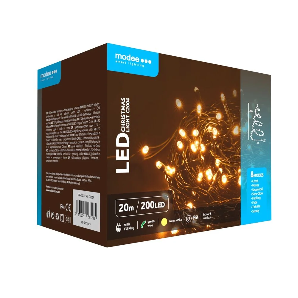 Modee Lighting LED vianočná reťaz 200 LED 20m teplá biela
