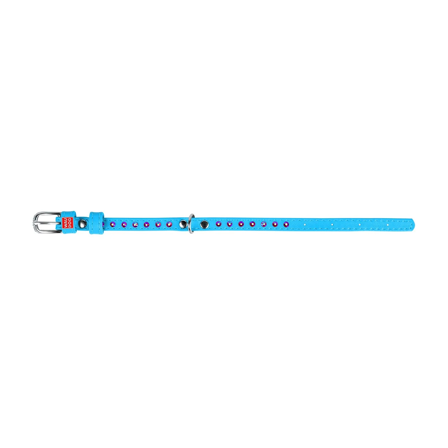 Plochý kožený obojok modrej farby s kryštálmi, Obvod krku: 30-39 cm, širka: 20 mm