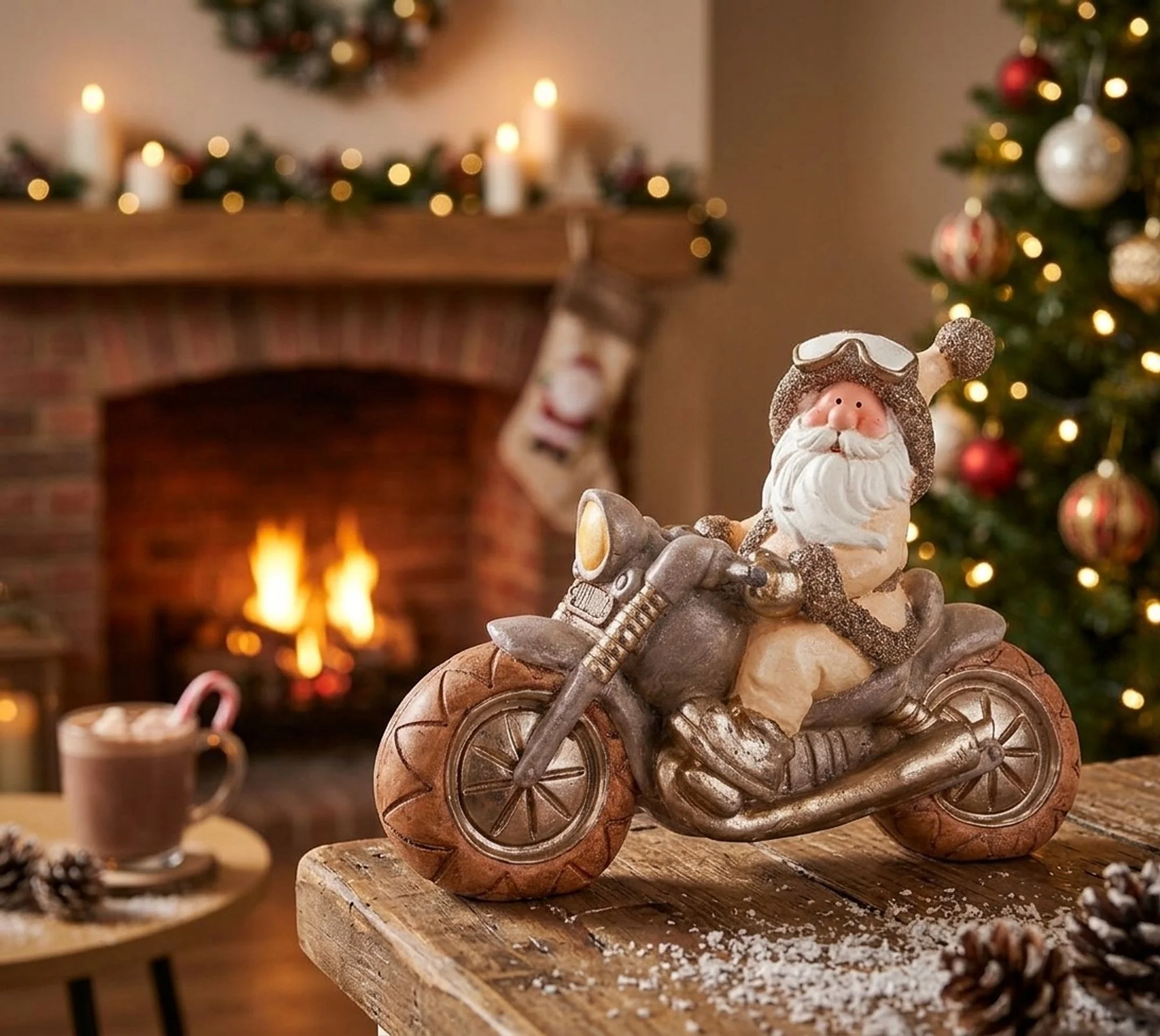 MagicHome vianočný Santa na retro motorke, 1 ks Keramika, 47x18,5x34 cm