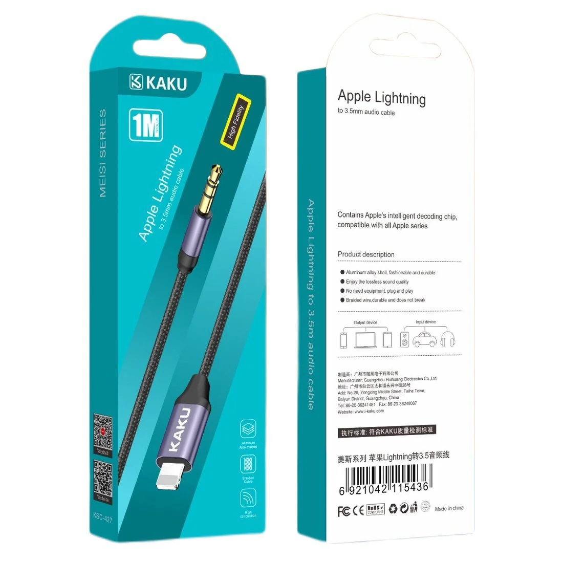 KAKU KSC-427 audio kábel Lightning / 3.5mm jack 1m, čierny