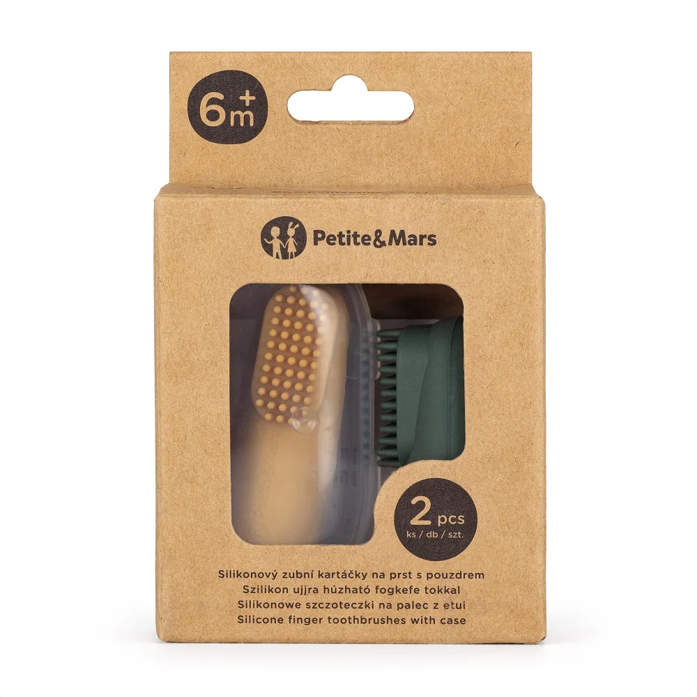 PETITE&MARS Sada silikónových zubných kefiek na prst Ochre&Green 2 ks 6m+ 1x2 ks, sada silikónových zubných kefiek