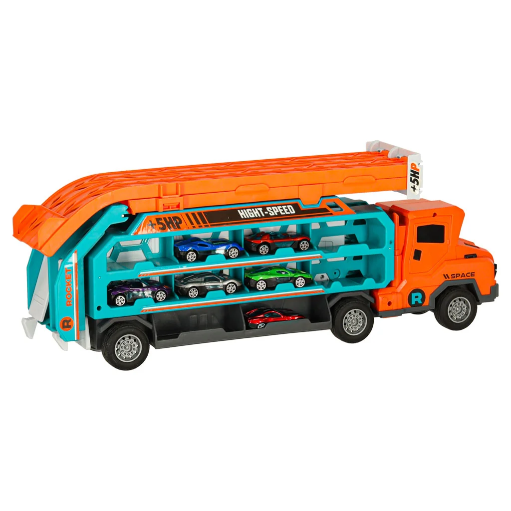 Sklápací transportér so šmýkačkou + 6 autíčok, oranžový