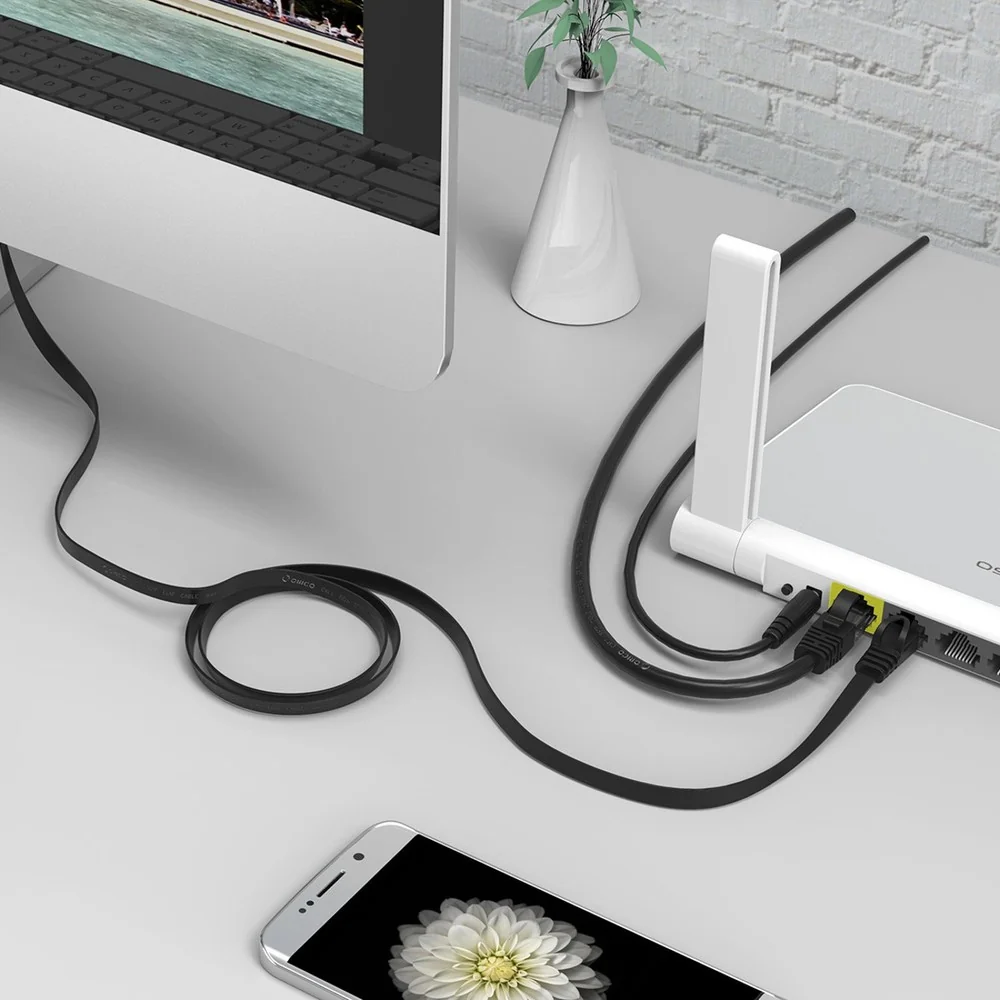 Orico PUG-C6B flat sieťový kábel LAN CAT6 RJ45 15m, čierny