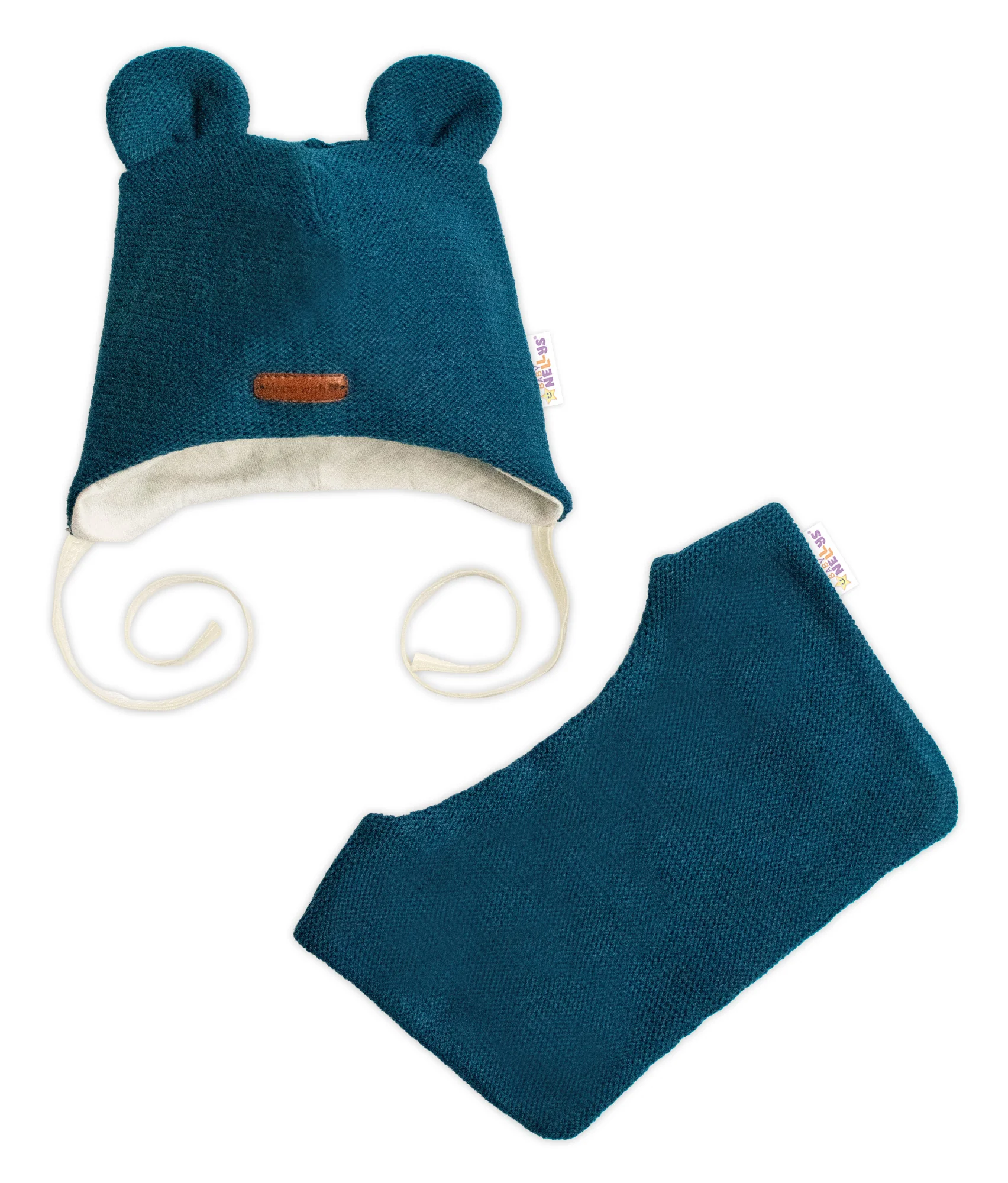 Pletená čiapka s bavlnenou podšívkou a šatkou 2v1, Teddy Hand made - petrolejová, 80/86
