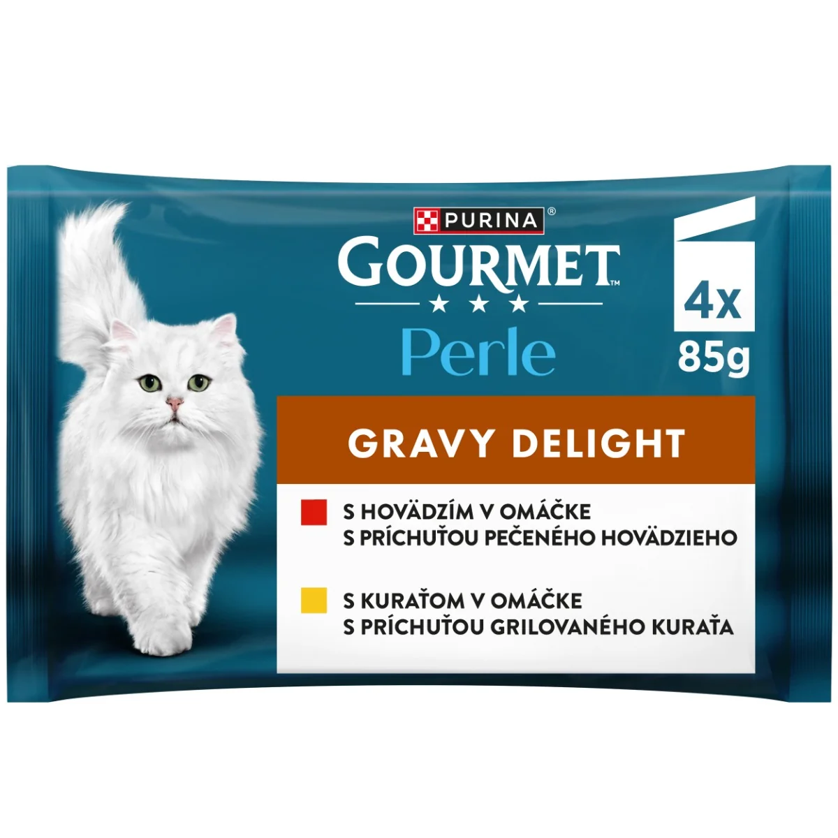 Gourmet Perle Gravy Delight kapsičky pre mačky kura, hovädzie v omáčke 4×85 g 1×1 ks