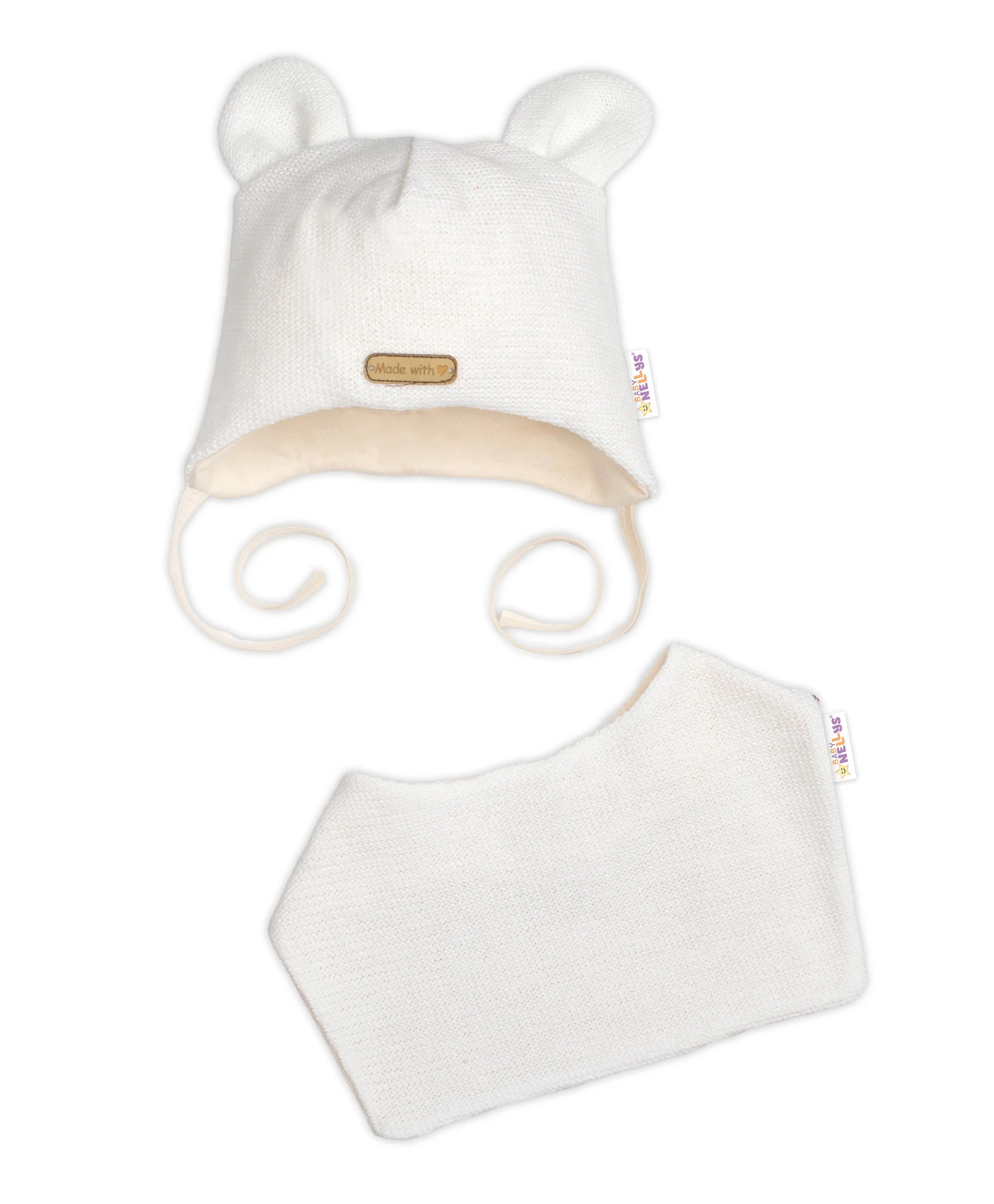 Pletená čiapka s bavlnenou podšívkou a šatkou 2v1, Teddy Hand made - kokosová biela