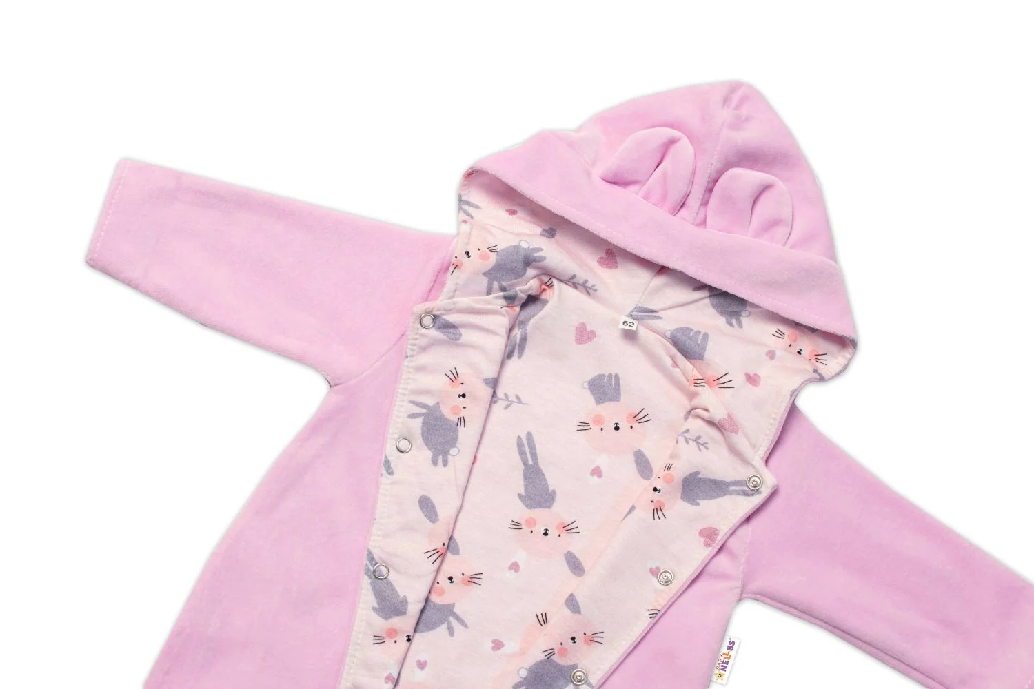 Baby Nellys Dvojvrstvový velúrový overal s kapucňou Bunny, ružový, veľ. 86
