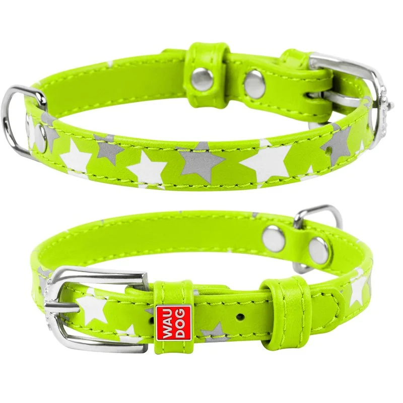 Plochý kožený obojok s hviezdičkami zelený svietiaci, Obvod krku: 30-39 cm, širka: 20 mm