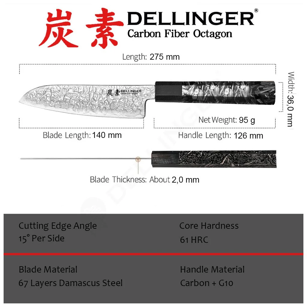 Nôž Dellinger KO-Santoku 140 mm Carbon Fiber Octagon®