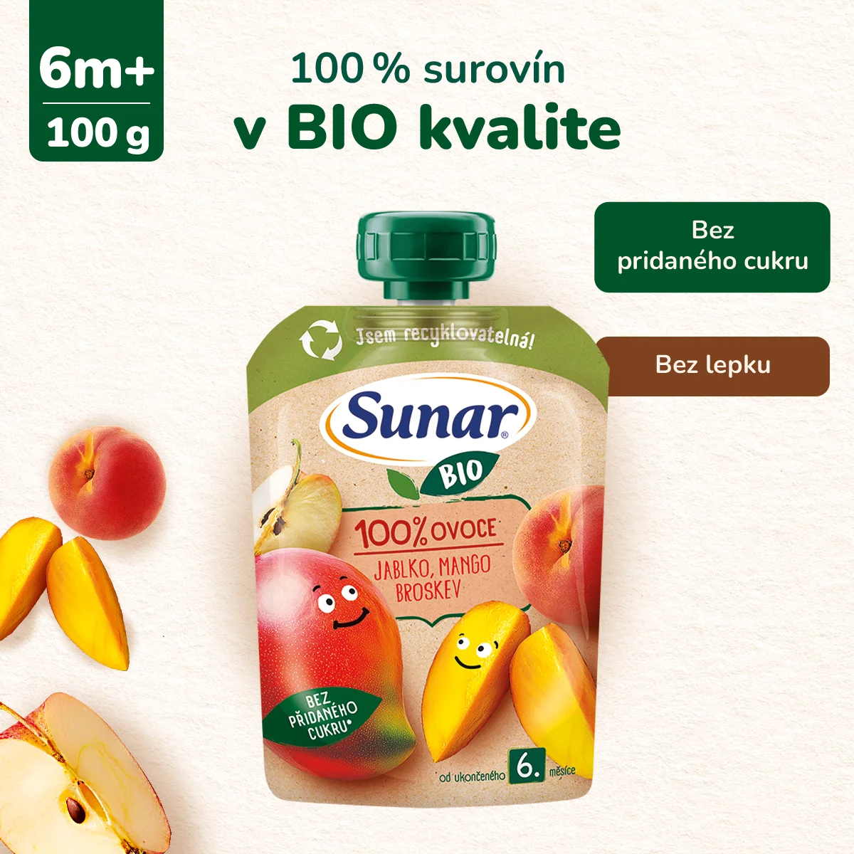 Sunar BIO ovocná kapsička Jablko, mango, broskyňa, 6m+ 100 g