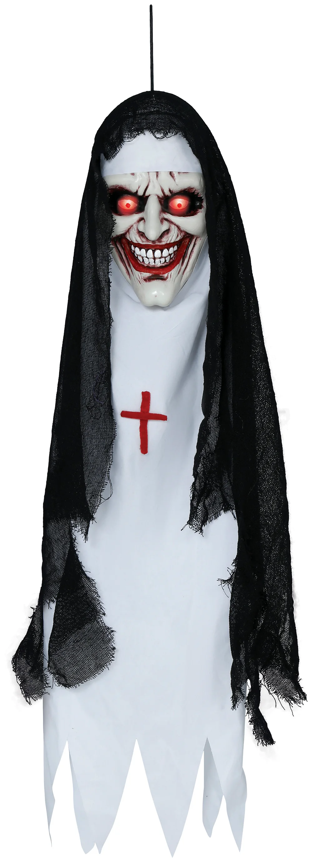 Visiaca dekorácia Hlava mníšky zombie s efektmi 90cm
