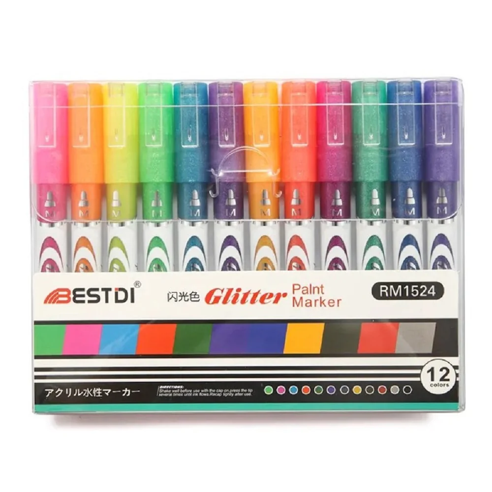 Akrylové fixky s trblietkami 12 farieb hrot 2-3mm Glitter sada 12 ks