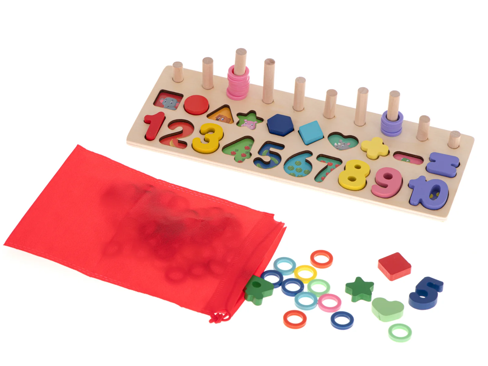Pomôcka edukačná počítadlo drevené s číslami, krúžkami a tvarmi MONTESSORI