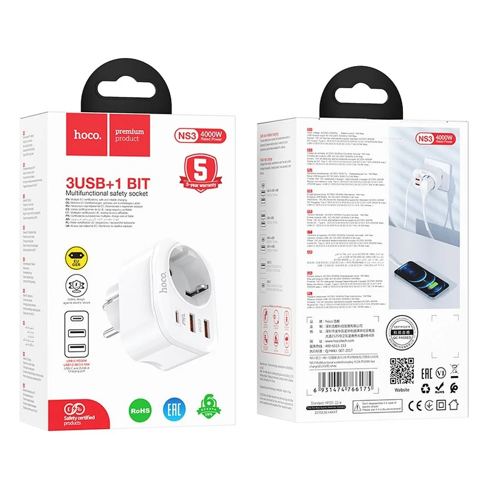 Hoco NS3 sieťová nabíjačka 2x USB QC3 3A / USB-C 20W PD + zásuvka, biela la