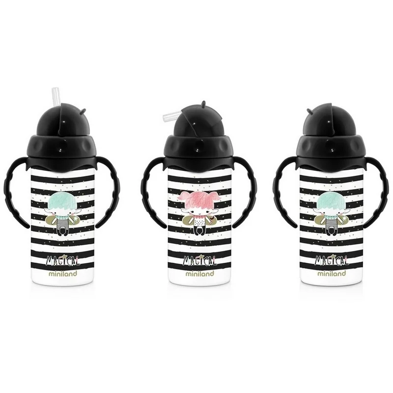 Miniland detská termoska so slamkou Magical 240 ml čierno-biela
