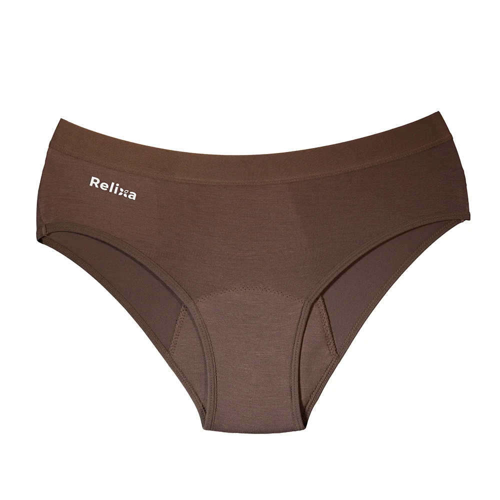 Relixa, menštruačné nohavičky so širokou mäkkou gumou v páse, HIPSTERS, hnedé, 4xl Silná absorp., prateľné, XS-6XL