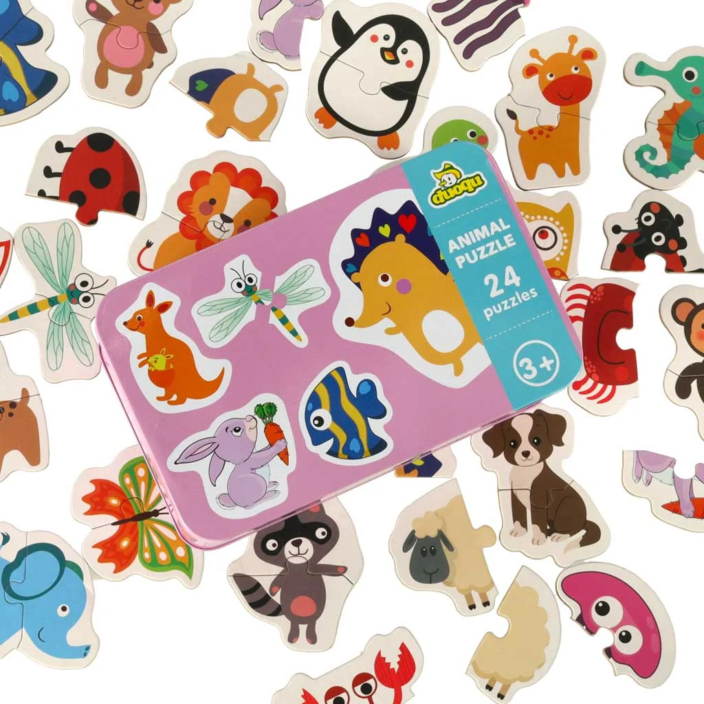 Puzzle pre deti v plechovej krabičke, 24 dielikov, zvieratká