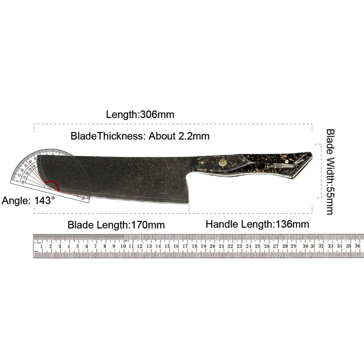 Damaškový kuchynský nôž Kurohana-Chopper/Čierna/Zlatá 30 cm, 115g