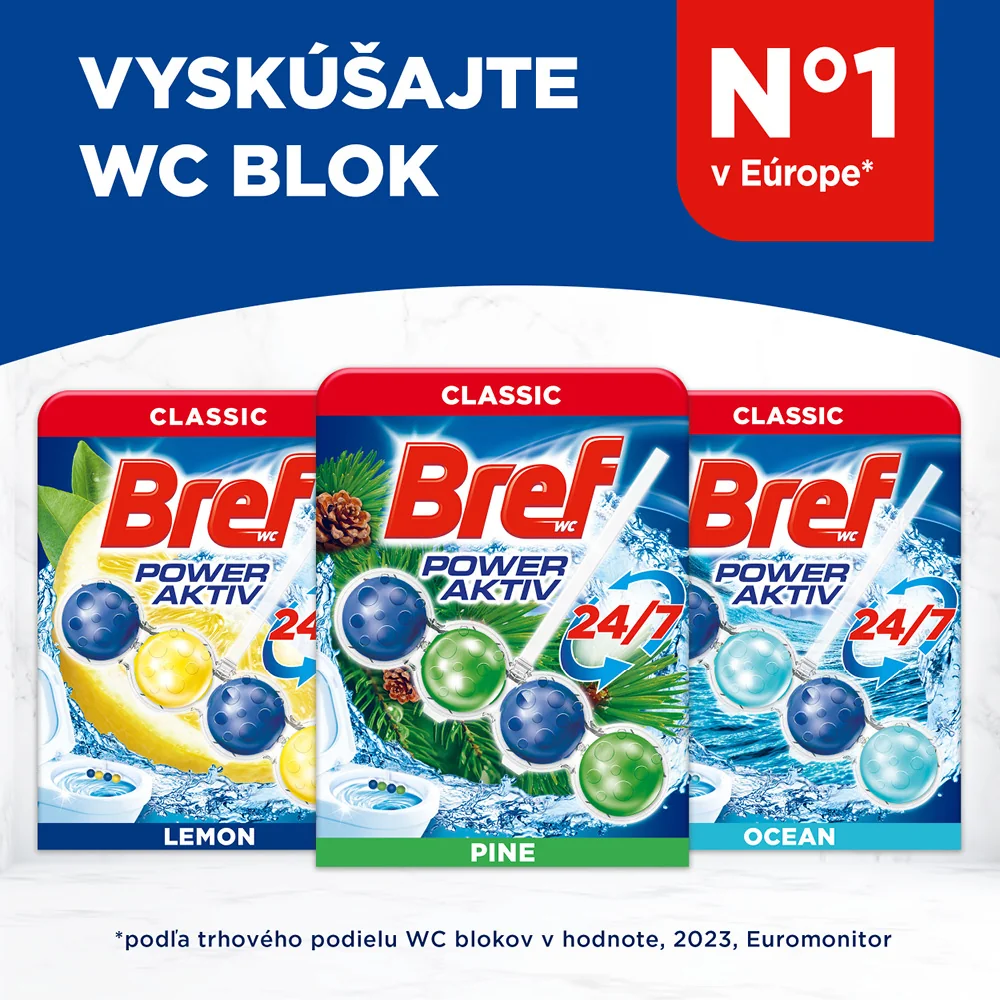 Bref Power Aktiv tuhý WC blok Pine 6×50 g 6×50 g, WC blok