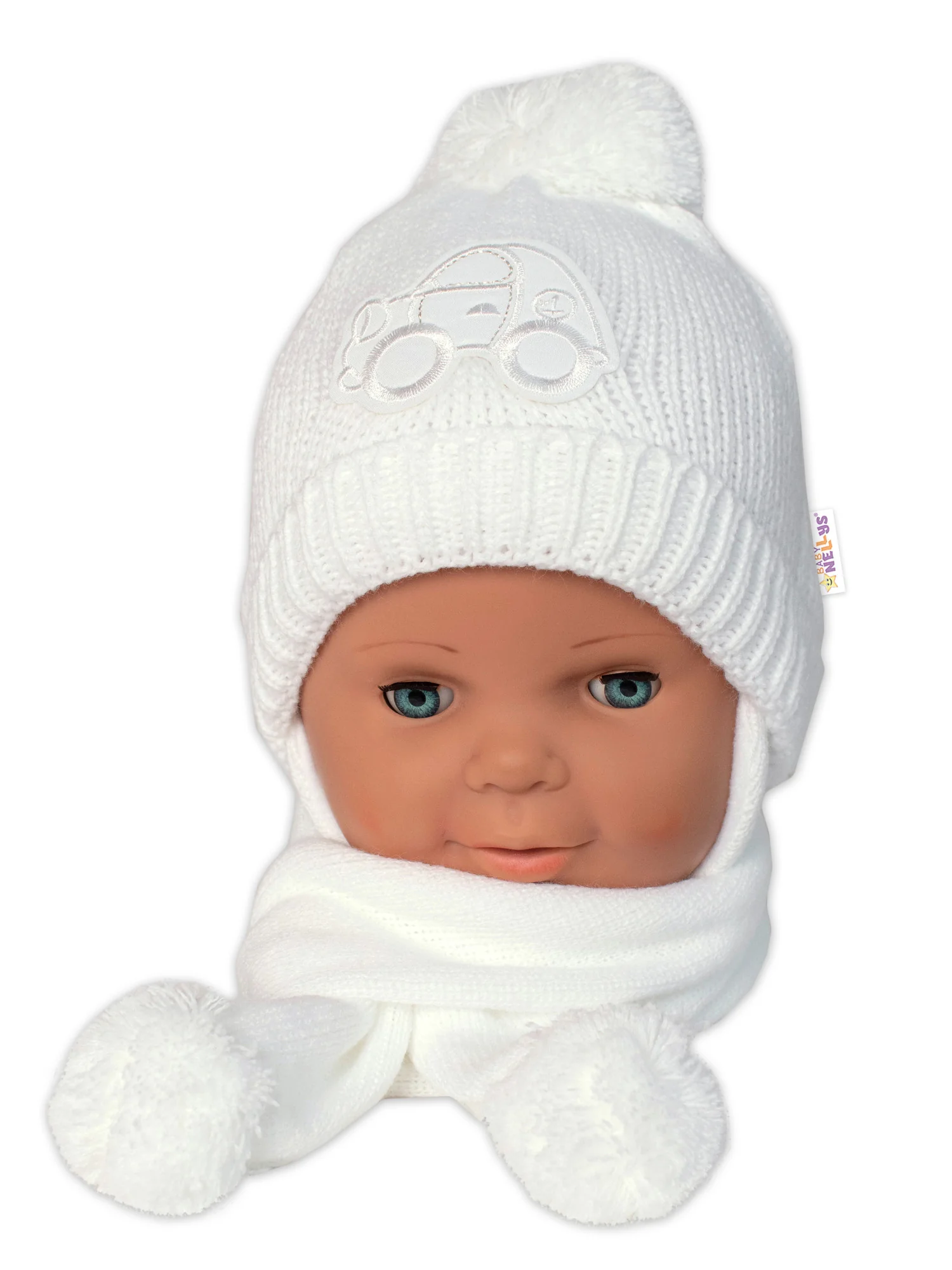 Zimná čiapočka s šálom - Autíčko, biela, 0-6m,
