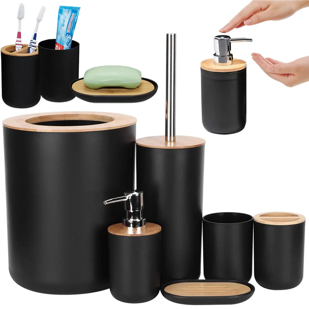 Elegantný kúpeľňový set 6v1 – čierny s bambusovými detailmi
