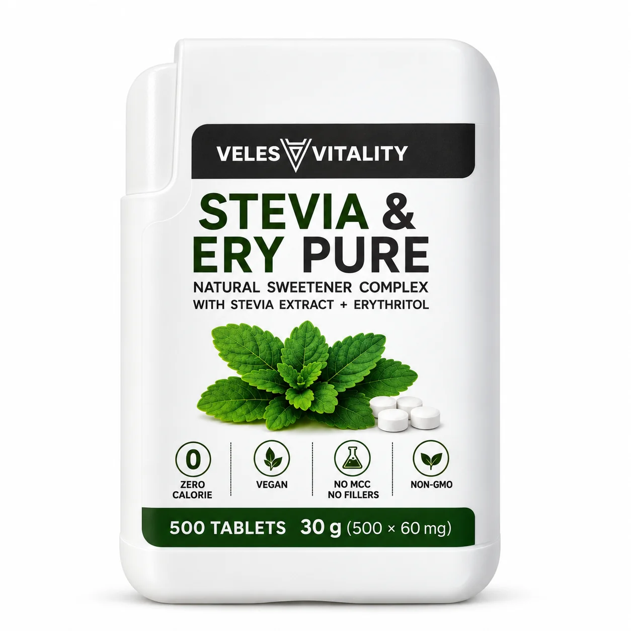Veles Vitality STEVIA & ERY PURE sladidlo 500 tabliet Prírodné sladidlo so stéviou a erytritolom v dávkovači