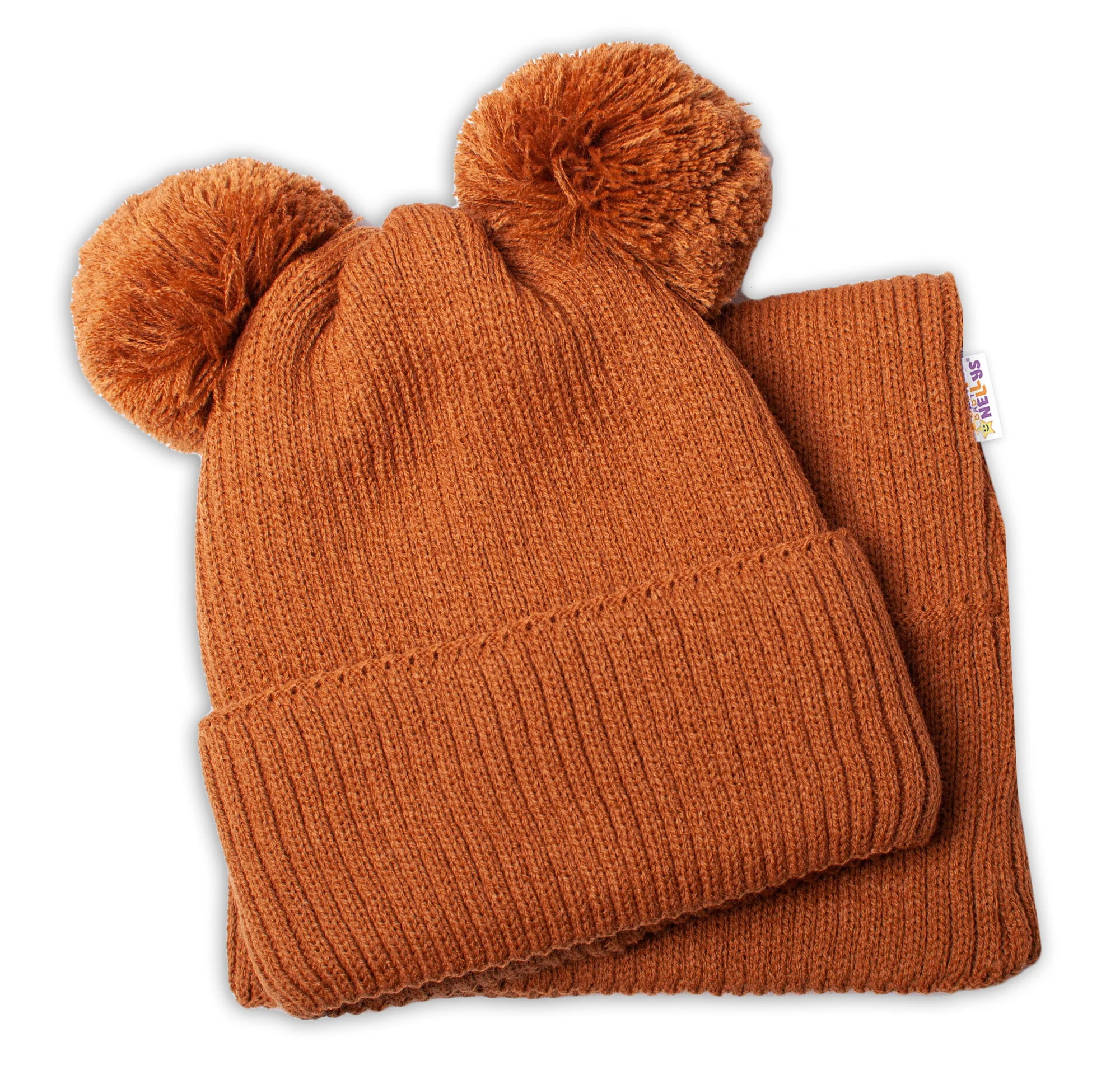 BABY NELLYS Zimná pletená čiapka + nákrčník - hnedá s brmbolcami