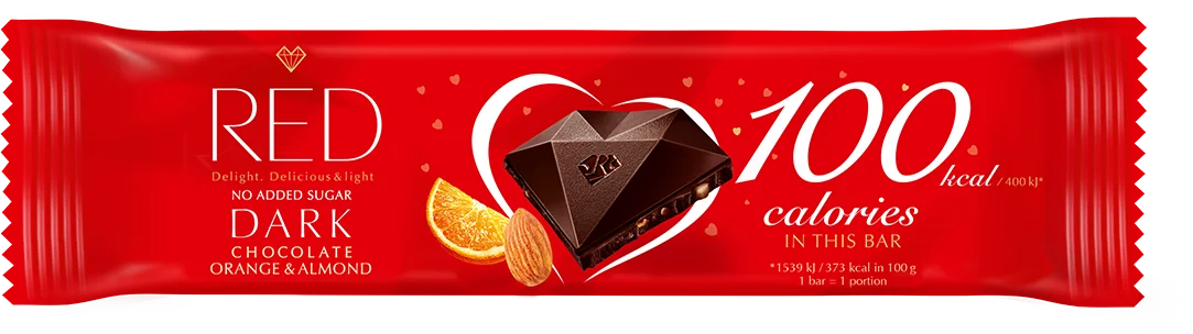 RED Horká čokoládová tyčinka pomaranč a mandle 1×26 g, čokoládová tyčinka