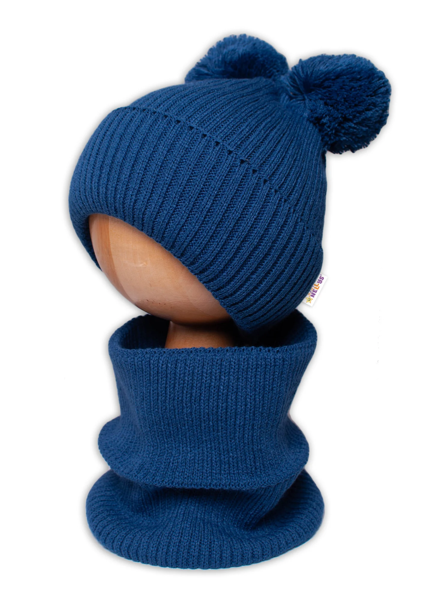 BABY NELLYS Zimná pletená čiapka + nákrčník - granát s brmbolcami