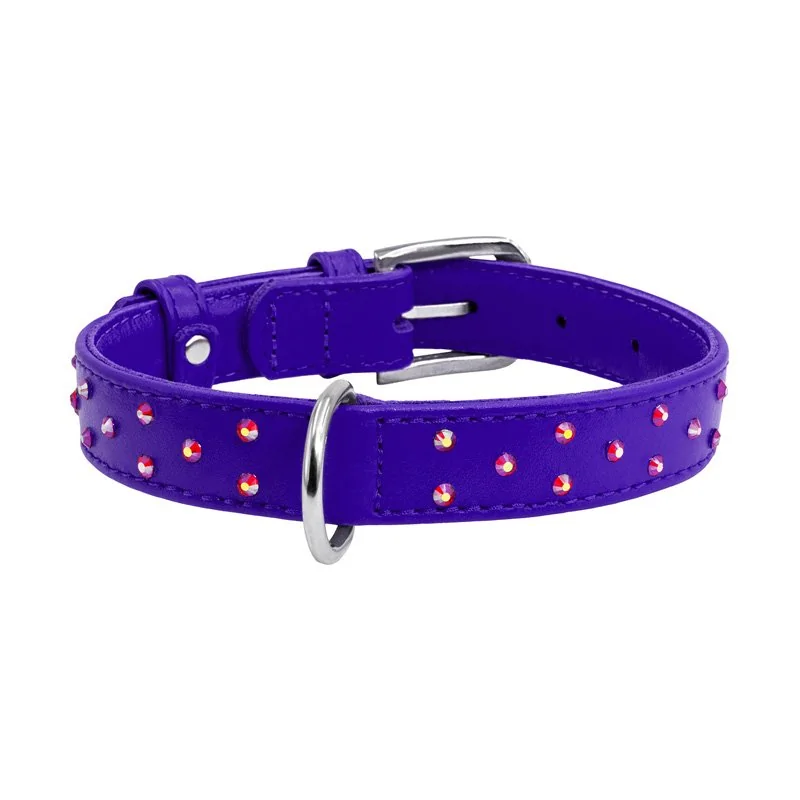 Plochý kožený obojok fialovej farby s kryštálmi, Obvod krku: 30-39 cm, širka: 20 mm