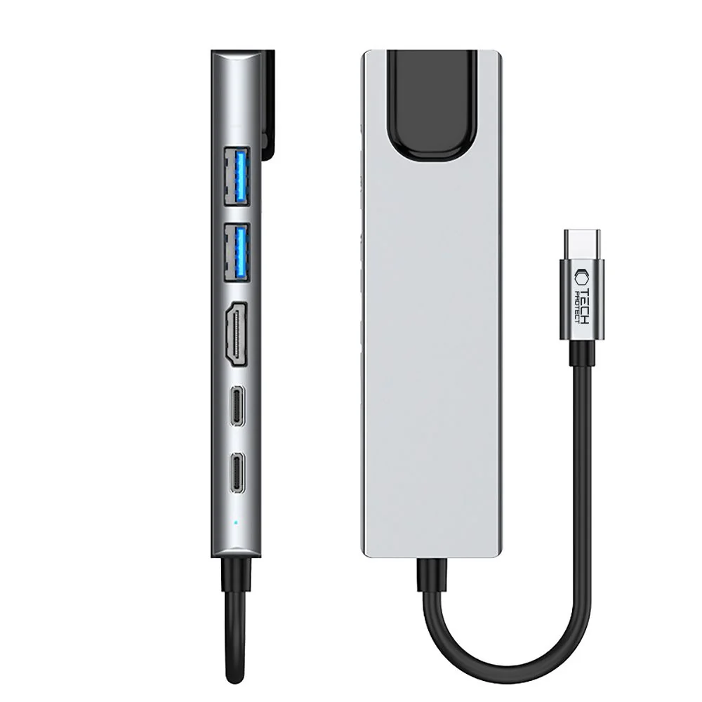 Tech-Protect HB02 HUB adaptér USB-C - 2x USB / HDMI 4K / RJ45 / USB-C 100W, šedý 100W, šedý