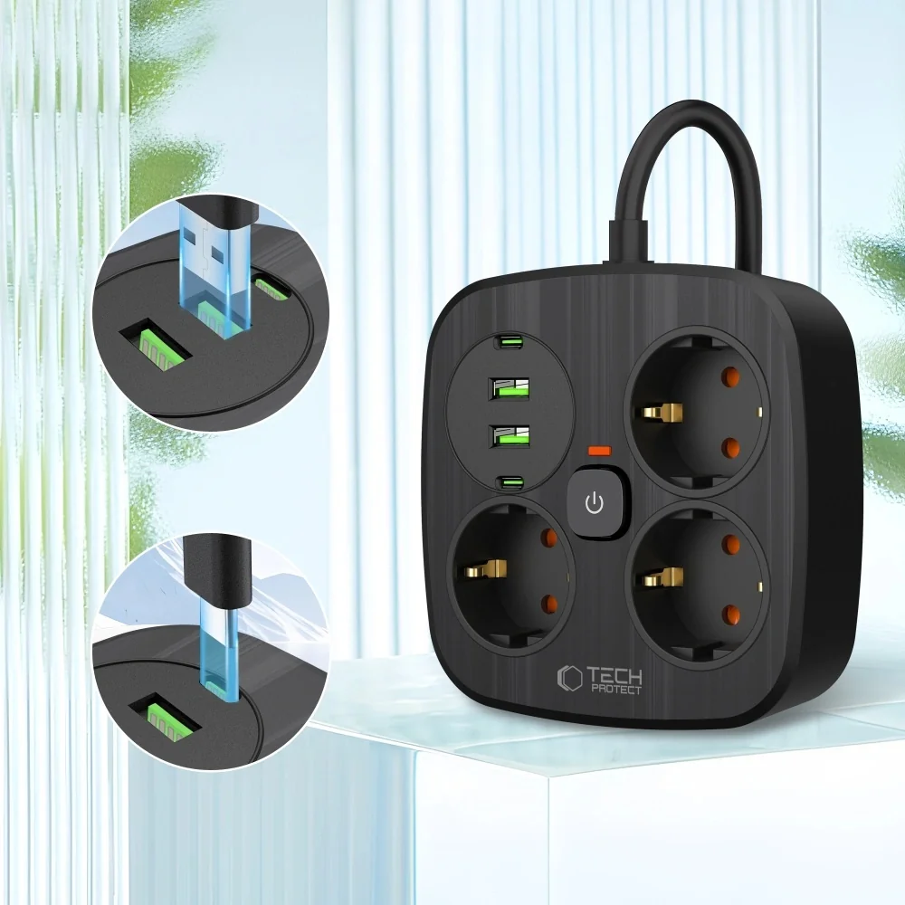 Tech-Protect PCS3X4 predlžovací kábel 2x USB / 2x USB-C / 3 zásuvky 2m, čierna , čierna