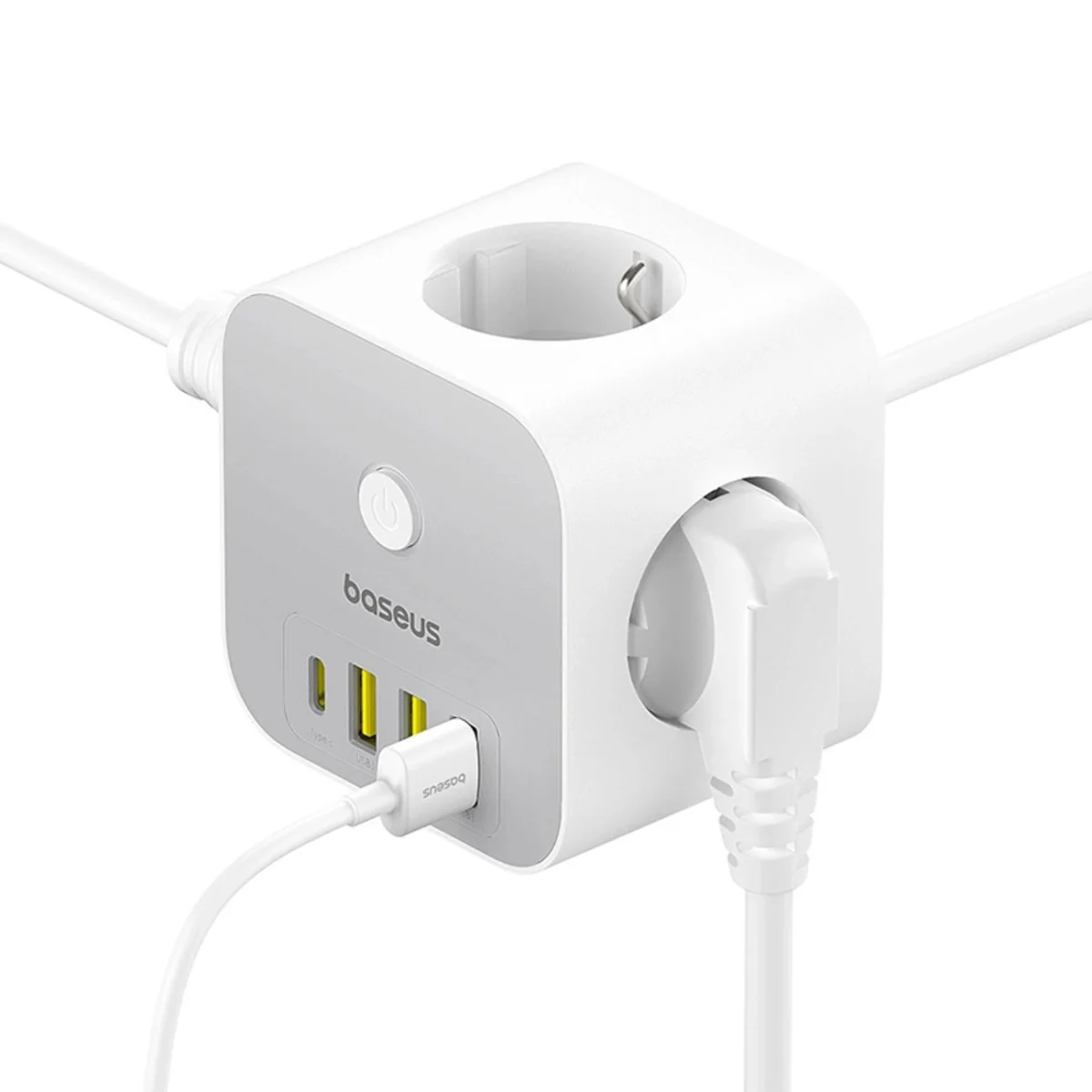 Baseus PowerCombo 7in1 nabíjačka 3x AC / 3x USB / USB-C 20W 1.5 m, bie ly