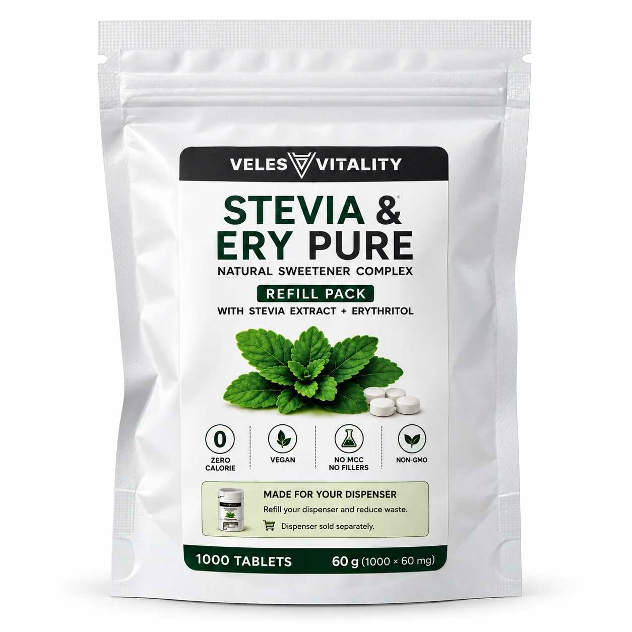 Veles Vitality STEVIA & ERY PURE sladidlo 1000 tabliet Náhradná náplň (refill pack) – sladidlo so stéviou a erytritolom