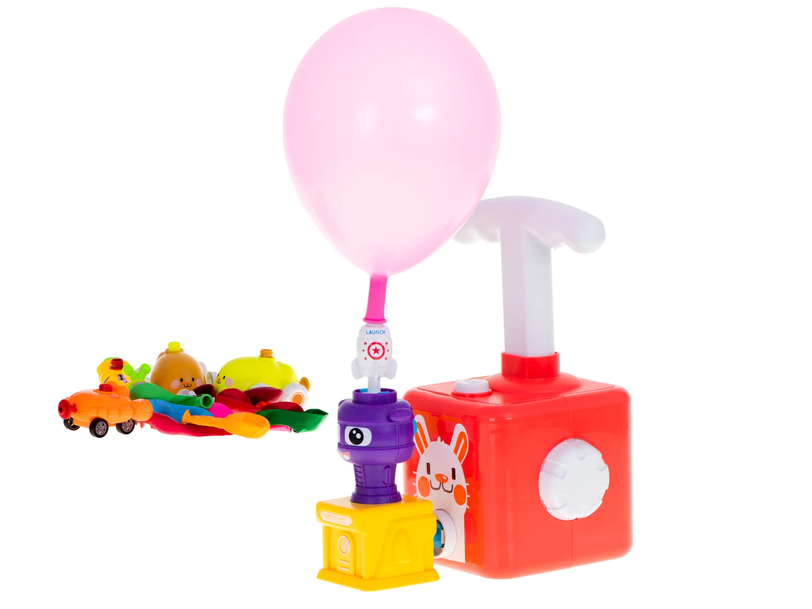 Aerodynamické autíčka s odpaľovačom + 12 balónov (set raketa/krab)