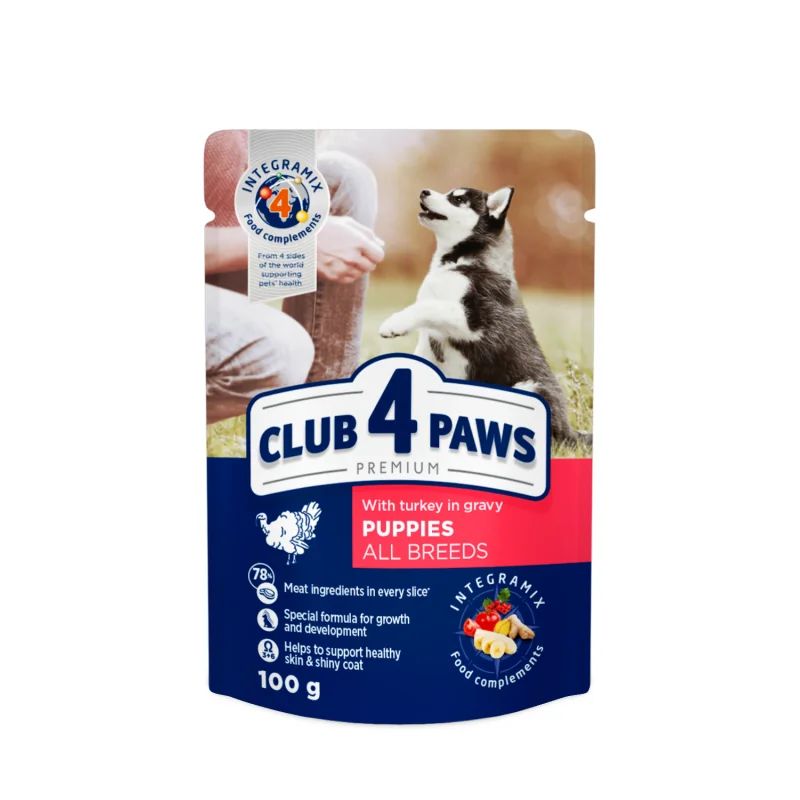 СLUB 4 PAWS Premium kapsička pre šteniatka s morčacím mäsom v omáčke 100 g (8897)