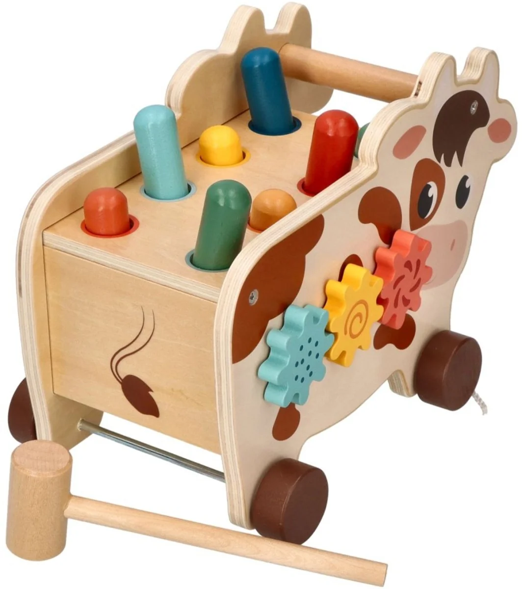 Montessori hračka - aktívna edukačná drevená, ťahacia Kravička, prírodná