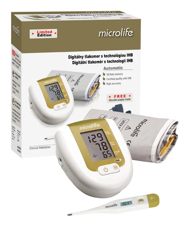MICROLIFE TLAKOMER DIGITÁLNY BP 3AG1 ZLATÝ automatický s adaptérom na rameno 1ks + digitálny teplomer MT 3001 zadarmo, 1x1 set