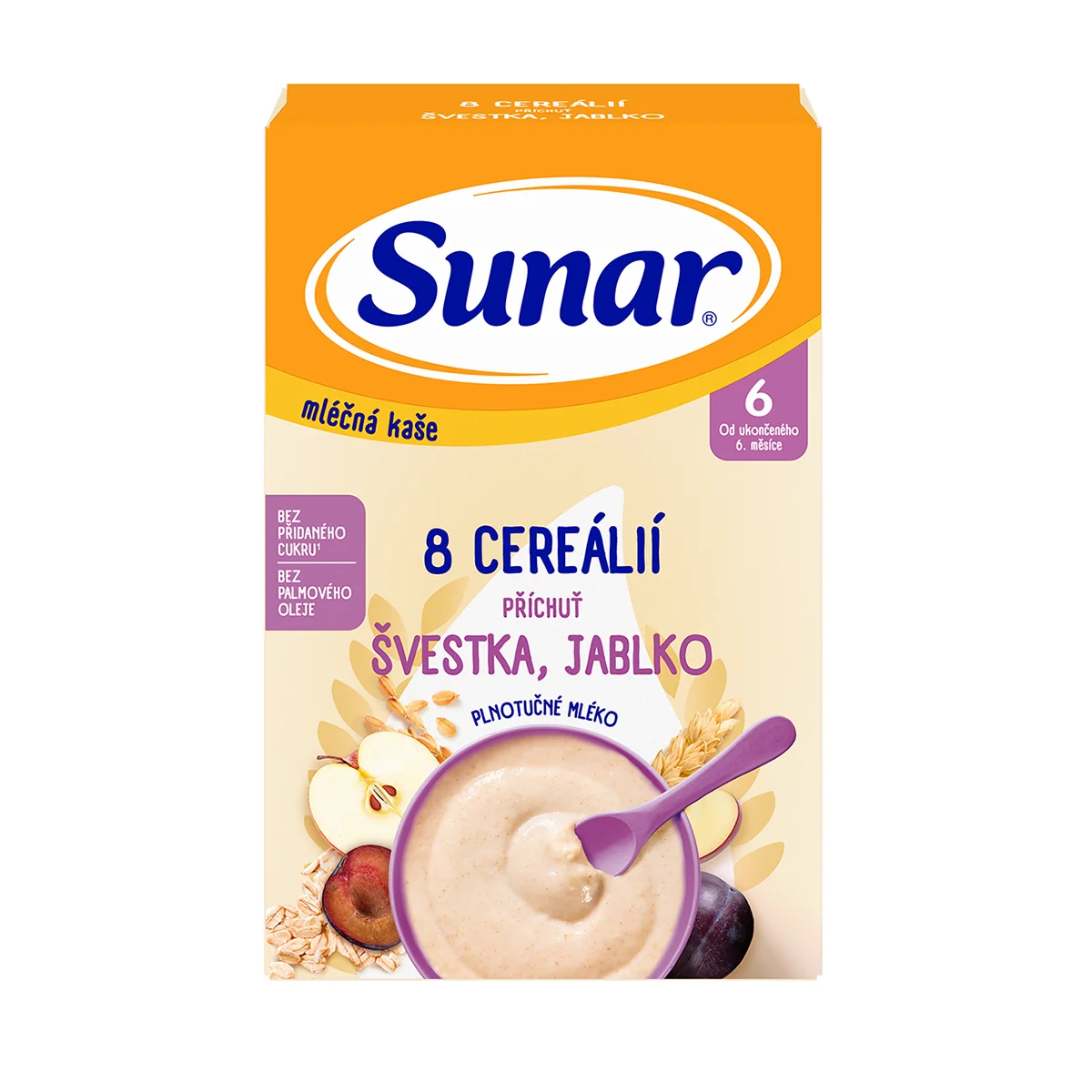 Sunar mliečna kaša 8 cereálií príchuť slivka, jablko 1×210 g, instantná, obilno-mliečna kaša, od ukončeného 6. mesiaca